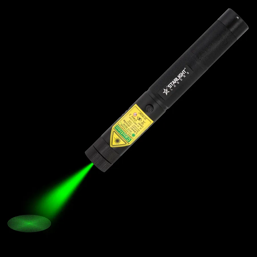 Green laser pointer G1 Pro with visible laser beam in the dark