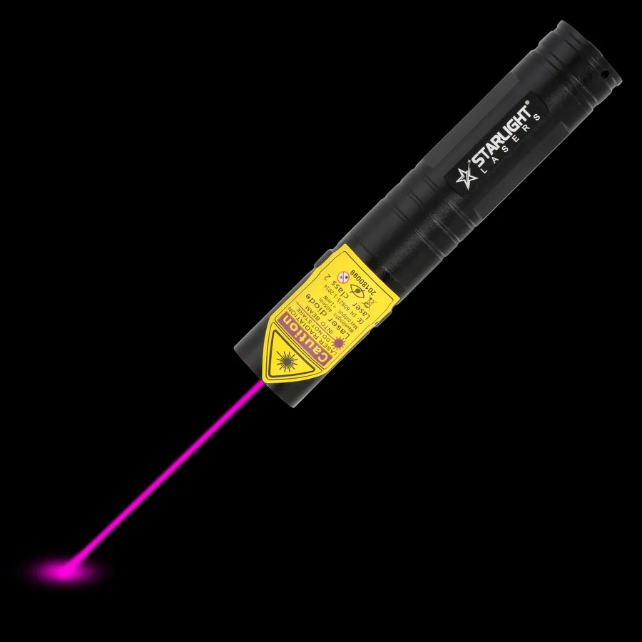 Compact violet laser pointer V2 Pro with visible laser beam in the dark